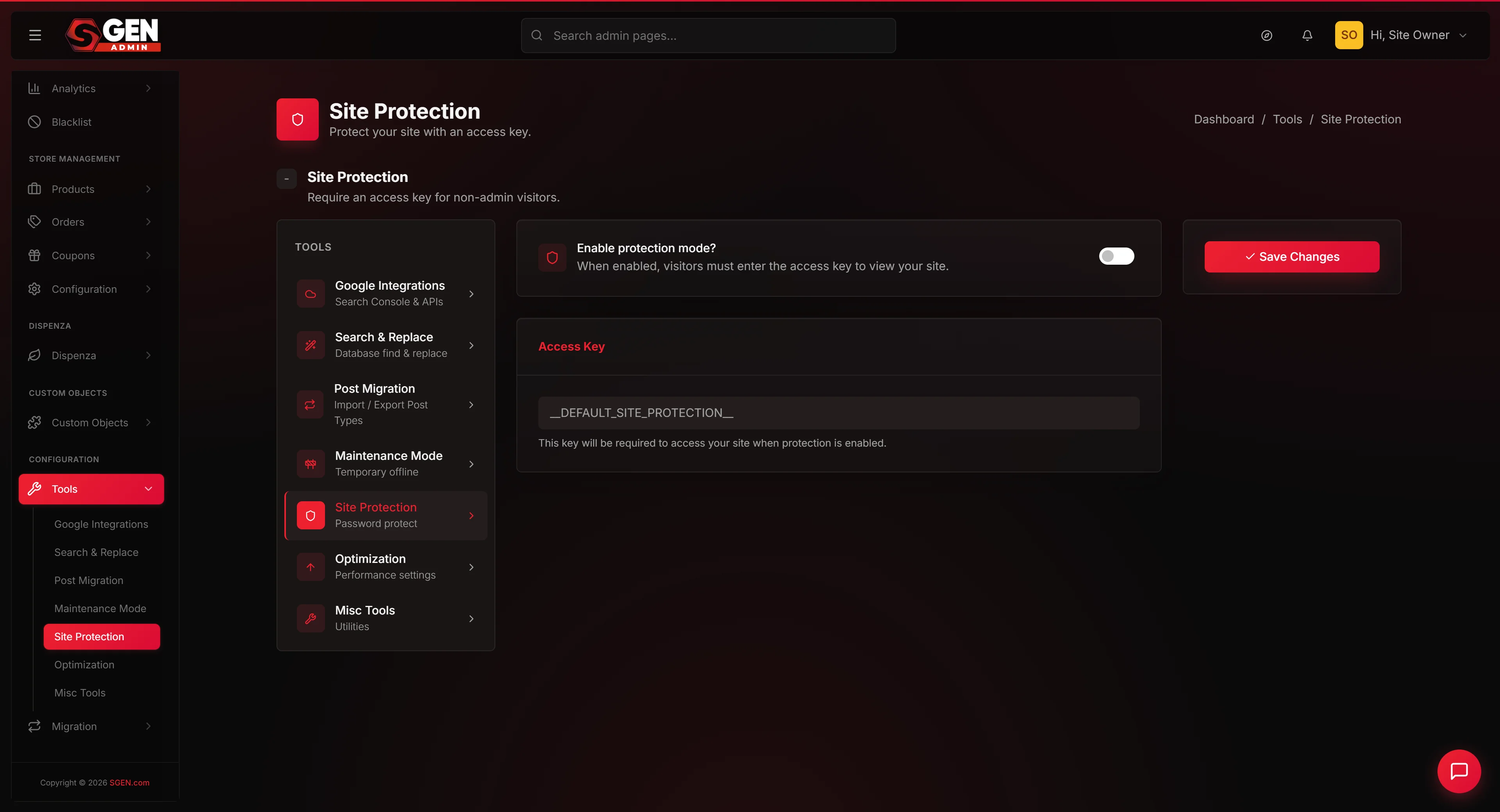 Admin Tools > Site Protection settings card — the 'Enable protection mode' toggle, masked 'Access Key' field, and Save button.