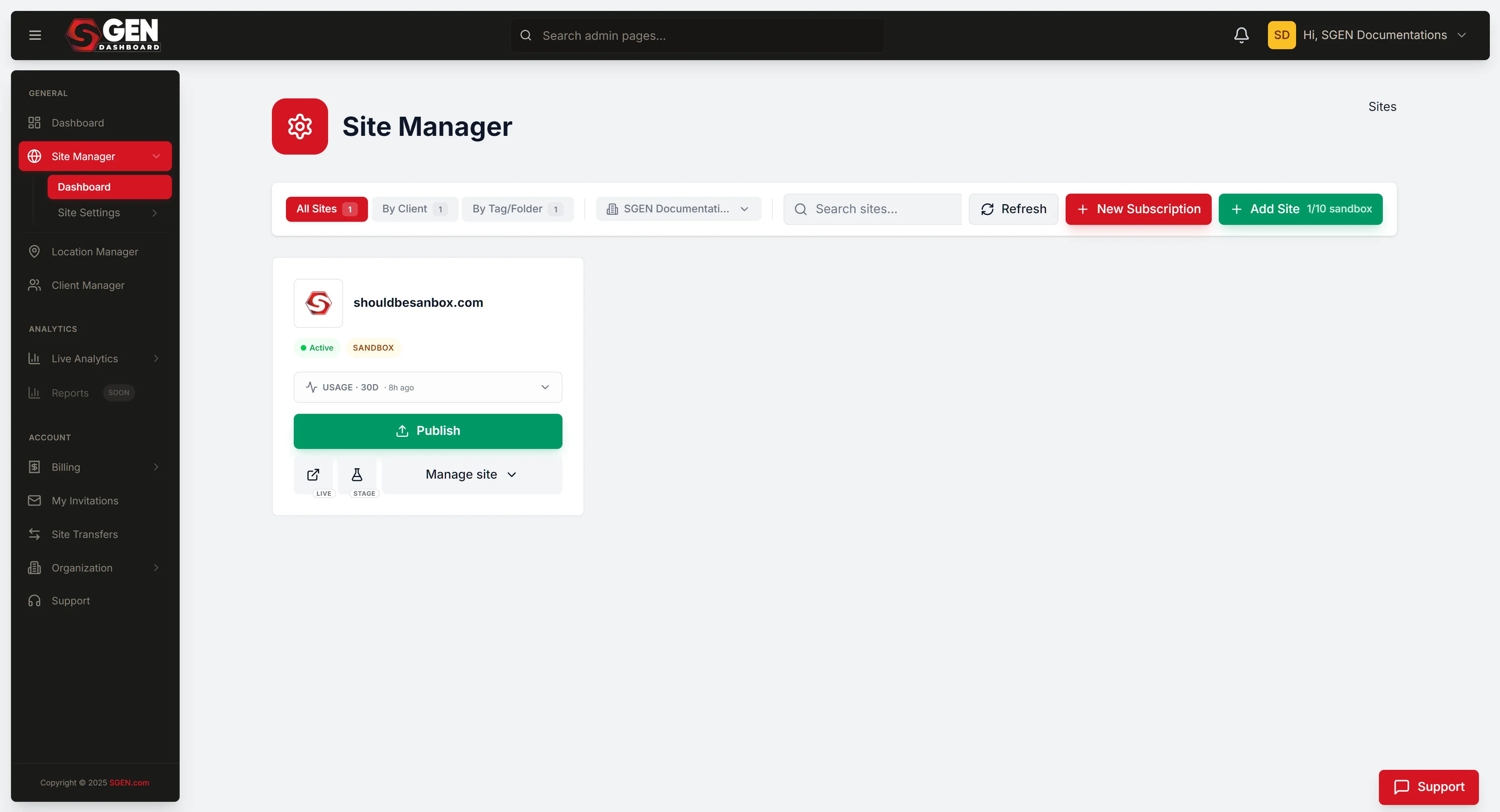 The Stage and Live release-control surface in SG-Dashboard — the three-version view (staged version, current live, prior/rollback version) with version IDs/timestamps and the Promo