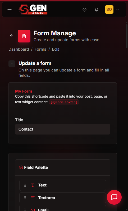 SGEN form settings screen with the Status dropdown open showing Published and Draft options