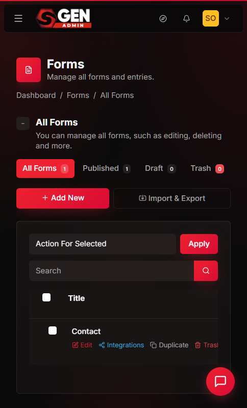 SGEN admin Forms list showing Published and Draft status badges with row actions including Edit, Integrations, Duplicate, and Trash