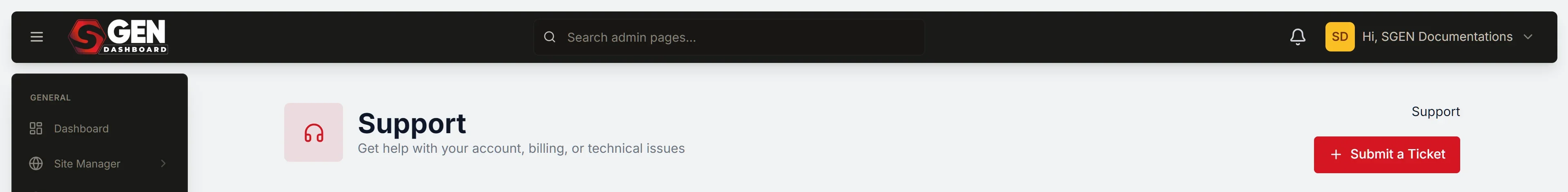 SG-Dashboard → Support screen (dashboard.sgen.com/support): stats header (Open/Awaiting Reply/Resolved), Recent Tickets list, and the + New Ticket three-step modal.