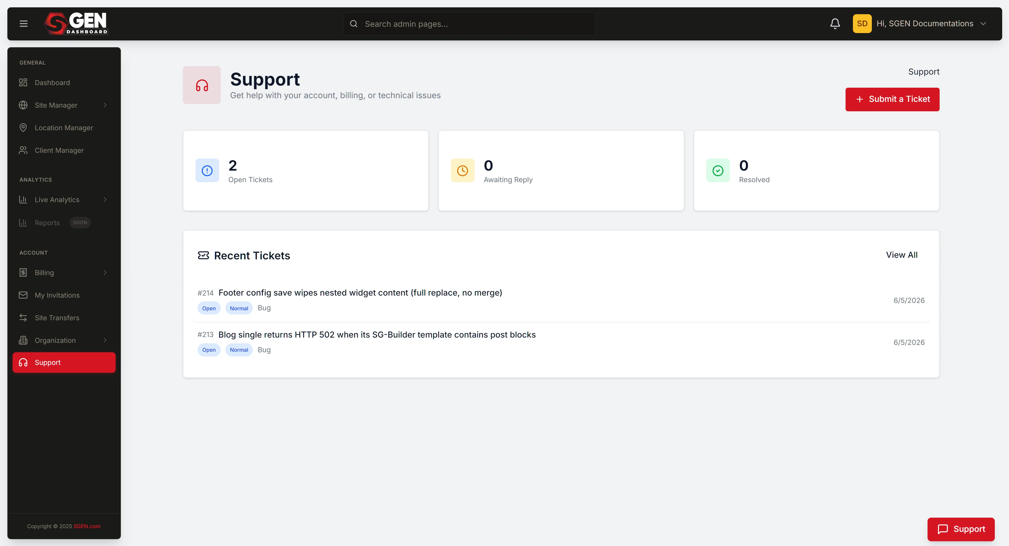 SG-Dashboard → Support: the Open Ticket form (subject/description/category) or the support inbox list with status/subject/requester columns