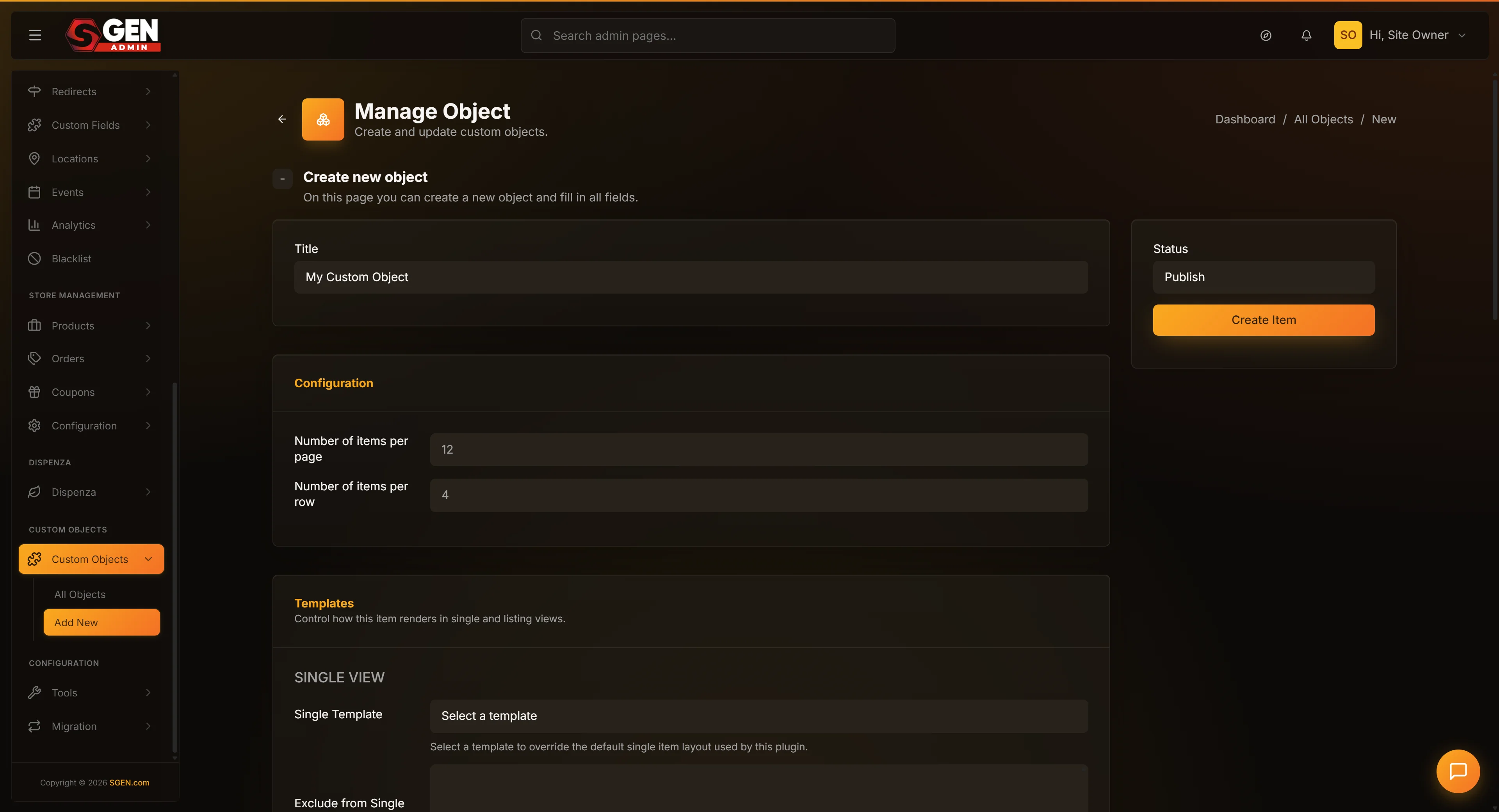 The Manage Object form (Custom Objects > Add New / Edit) showing main panel fields - Title, Slug, Status, items-per-page/row, template dropdowns - and the sidebar action button