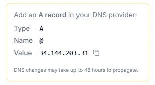 DNS settings — DNS Setup Instructions listing the A records to add and the Check DNS button