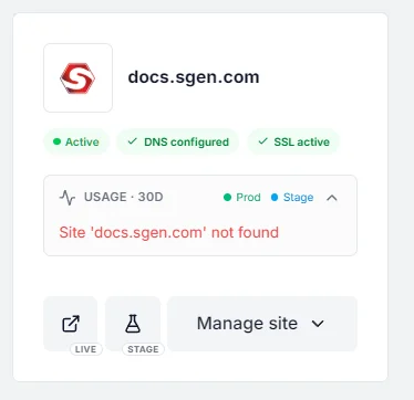 SGEN site card showing DNS configured and SSL active once the domain resolves